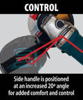 Powerful 4-1/2 Inch Angle Grinder With Kick Butt Strength And Smooth Handle Control showing 20-degree angled side handle for enhanced grip.