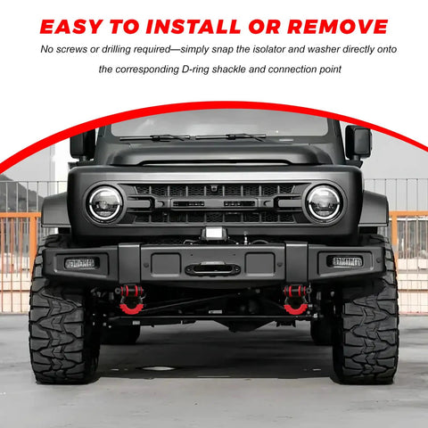 Front view of SUV with D Ring Shackle Isolator Washers Kit Rubber Towing Shackle Cover Set Protects Bumper and Cuts Down Rattle