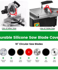 Red Silicone Saw Blade Sleeve and Storage for Circular and Table Saws 10 Inch Protector Cover Keeps Teeth Safe Grab and Go Access Protects Edges and Fingers Two Pack displayed on miter and table saws