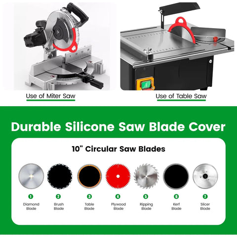 Red Silicone Saw Blade Sleeve and Storage for Circular and Table Saws 10 Inch Protector Cover Keeps Teeth Safe Grab and Go Access Protects Edges and Fingers Two Pack displayed on miter and table saws