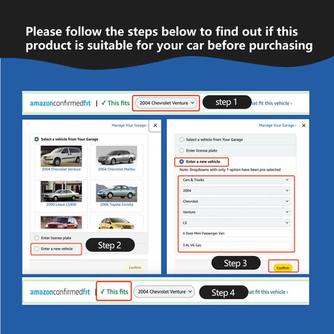 Amazon confirmed fit guide showing steps to check vehicle compatibility for Kia and Hyundai O2 sensor kit before purchase