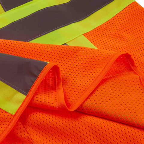 Detail of Heavy Duty Neon Orange Mesh Safety Vest With Seven Pockets And 3M Reflective Tape showing breathable fabric and bright colors.