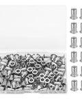 Heavy Duty M5 Rivet Nut Kit with knurled grip, stainless steel inserts in storage case for efficient garage projects.