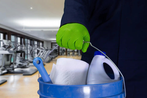 Person wearing Heavy Duty Nitrile Mechanic Gloves 8 Mil With Raised Diamond Texture Latex Free handling cleaning supplies