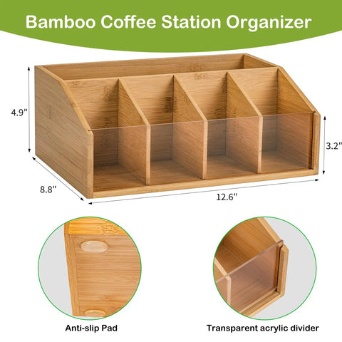 Bamboo Coffee Station Organizer With Clear Acrylic Tray Five Compartment Design For Tea Bags Condiments Pods Creamer Syrup