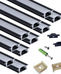 10 Pack 3.3ft LED Aluminum Channel Diffuser Kit With Milky Cover For Under Cabinet Lighting Shelves And Alcoves In Matte Black Anodized Track 25x7mm Concave Slot Profile DIY Friendly Easy Install, showing black anodized tracks, milky covers, and mounting hardware.