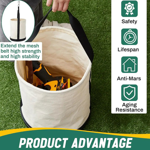 Beefed Up Heavy Duty Canvas Tool Tote Bag With Reinforced Bottom And Multiple Pockets For Contractor Gear Transport Round Canvas Tool Bucket Durable Work Organizer With Adjustable Shoulder Strap And Utility Hooks For Hands Free Mobility, open canvas bucket with tools