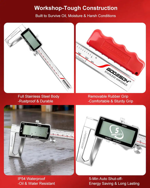 Digital Disc Brake Rotor Micrometer With 0 To 50mm Range And 0 To 2 Inch Readout Heavy Duty Pro Grade Digital Caliper MM Inch Display IP54 Waterproof Stainless Steel For Auto Repair And DIY Projects, highlighting stainless steel body and rubber grip.