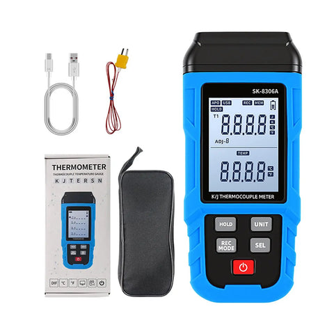 Top Shelf Digital Thermocouple Thermometer With K And J Type High Temperature Meter and Heavy Duty Data Logger logging 5999 timestamps with USB setup.