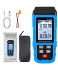 Heavy Duty Workhorse K J Type Thermocouple Thermometer With Five Thousand Nine Hundred Ninety Nine Data Logging Points And Sixty Hour USB Rechargeable Battery For Straight Up Industrial Monitoring, blue handheld device, thermometer with USB cable.