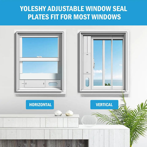 Portable Window Kit For Air Conditioner With 5 Inch Exhaust Hose Adjustable Coupler And Seal Sliding Vent Rail shown in windows