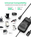 Portable 180W Car AC To DC Converter With 12V Cigarette Lighter Output And 11V To 14V Emulation For Car Gadgets, Powers Inflator, Mini Fridge, And Other Auto Gear From 120V/110V Input with universal compatibility chart and device images.