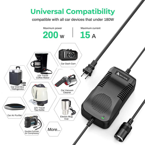 Portable 180W Car AC To DC Converter With 12V Cigarette Lighter Output And 11V To 14V Emulation For Car Gadgets, Powers Inflator, Mini Fridge, And Other Auto Gear From 120V/110V Input with universal compatibility chart and device images.