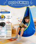 Child reading on All In One Sensory Swing With Stand in blue with pod swing, accessories list displayed on side.