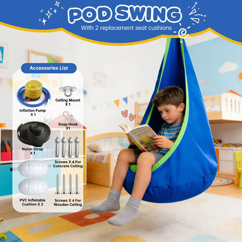 Child reading on All In One Sensory Swing With Stand in blue with pod swing, accessories list displayed on side.
