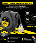 Retractable Extension Cord Reel With Light Indicator 40 Ft Triple Outlet Wall Mounted UL Listed 14 Amp 125V 1750W, close-up view.