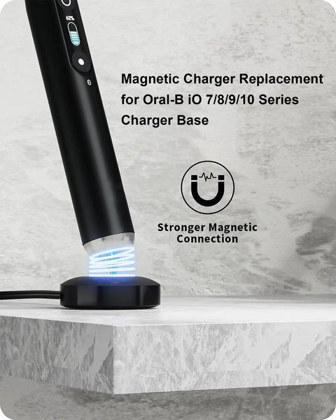 Magnetic Charger Replacement For Oral B iO Series 7 8 9 10 Electric Toothbrush on charging base shown on countertop.