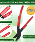 Top Shelf 12 Inch Banding Cutter For Steel And Plastic Strapping With Ergonomic Rubber Grip No Sweat One Hand Operation Crush High Tensile Packaging Real Deal Solid Alloy Steel Blade Cuts Clean, featuring corrosion-resistant high-hard steel and ergonomic handles.