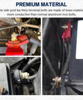 Street Smart Side Post Battery Terminal Extenders, Premium Solid Brass Adaptor Studs For Vehicles, 3/8 Inch Threads in use with clear visibility of connectors.