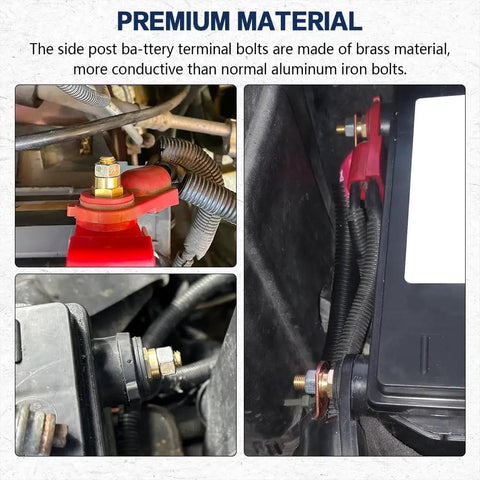 Street Smart Side Post Battery Terminal Extenders, Premium Solid Brass Adaptor Studs For Vehicles, 3/8 Inch Threads in use with clear visibility of connectors.