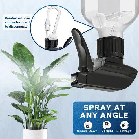 Close-up of spray nozzle with 360° gravity ball straw, spraying water on plant, from 4 Pack 17oz Spray Bottles With 360 Degree Gravity Ball Straw For Upside Down Spraying, Graduated Measurements For Easy Dilution, Leak Resistant Bottles For Cleaning, Plants, Hair And Pet Care, Plus Foldable Funnel.