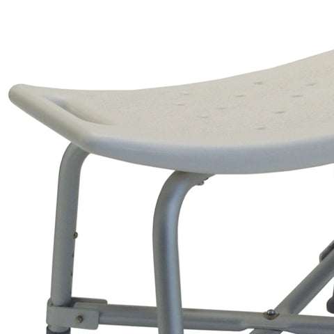 Close-up of Heavy Duty Bariatric Shower Chair With Back Support, 600 Lb Weight Capacity, adjustable grey seat and aluminum frame.