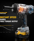 One Half Inch Cordless Impact Wrench Delivers Serious Kick Through A Brushless Motor Pumping Fifteen Hundred Ft Lbs Of Beefy Twist and three fast modes.