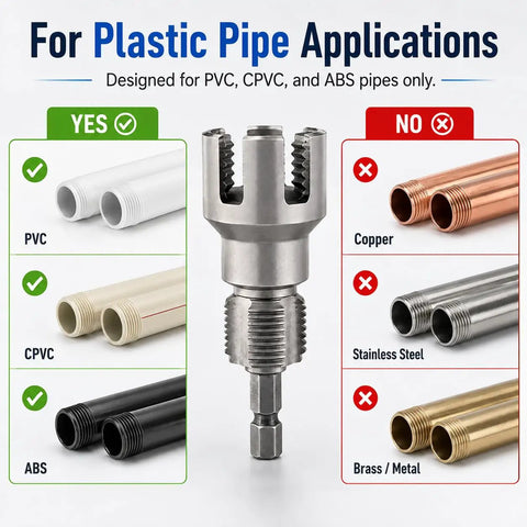 Real Deal Three Piece PVC Pipe Threader Kit With Internal And External Thread Cutter For 1/2 3/4 1 Inch Plastic Pipes Drill Ready No Sweat Plumbing Tools for plastic pipe applications.
