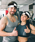 Black And White Piano Grid Print Stretchy Headbands Sweat Wicking And Ultra Breathable Workout Band worn by fit couple in gym