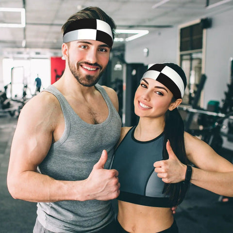 Black And White Piano Grid Print Stretchy Headbands Sweat Wicking And Ultra Breathable Workout Band worn by fit couple in gym