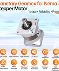 Planetary gearbox for Nema 34 stepper motor; square flange with four mounting holes and output shaft.