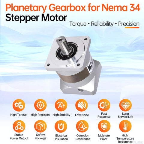 Planetary gearbox for Nema 34 stepper motor; square flange with four mounting holes and output shaft.