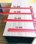 Four sizes of Digital Caliper, Carpenter’s Marking Ruler Square Perforated T-Square Tool on a wooden surface.