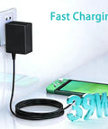 Fast USB-C Charger For Nintendo Switch With USB-C Cord, Compatible With Switch OLED, Switch Lite, And Steam Deck, Powers TV Mode Dock, High Output For Smooth Console Play On Big Screen. 39W black wall charger with cable plugged in, charging Switch