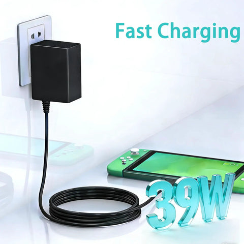 Fast USB-C Charger For Nintendo Switch With USB-C Cord, Compatible With Switch OLED, Switch Lite, And Steam Deck, Powers TV Mode Dock, High Output For Smooth Console Play On Big Screen. 39W black wall charger with cable plugged in, charging Switch