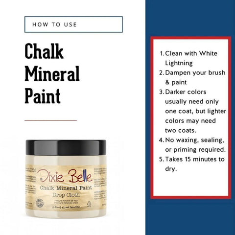 Drop Cloth Chalk Mineral Paint For Furniture In Matte Linen White 16 Oz Easy DIY Chalk Finish For Wood Metal And Plastic Neutral Warm Tone That Vibes With Any Palette On Cabinets Tables And Dressers jar with usage instructions alongside
