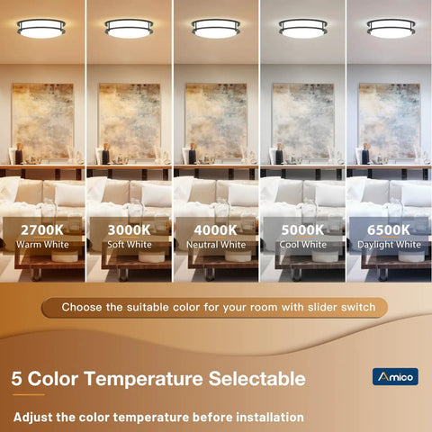 Display of 12 Inch Dimmable LED Ceiling Light Two Pack with 5CCT Adjustable Color Temperature in different settings