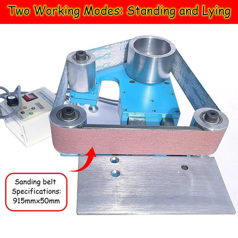 Heavy Duty Electric Belt Sander And Bench Sander With Sanding Belts For Serious Wood And Metal Jobs Kicks Ass With 1100W Grinding and machine showing sanding belt specifications.