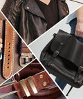 Leather accessories collage with belts, jacket, and bag, related to Adjustable Screw Hole Punch Tool With Black Wooden Handle for crafting.
