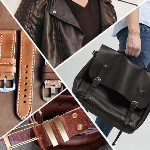 Leather accessories collage with belts, jacket, and bag, related to Adjustable Screw Hole Punch Tool With Black Wooden Handle for crafting.