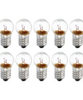 Heavy Duty E10 Miniature Bulbs With A Sweet Warm Yellow Glow And Secure Metal Screw Base Built For Flashlights And Electronics Gear Arrives In A Snazzy Storage Case With A Solid Ten Pack - close-up view of ten bulbs with clear glass dome and metal base.