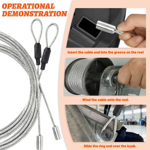 Heavy Duty Galvanized Steel Garage Door Cables 13 Ft 6 In 2 Pack For 7 Ft Doors Replacement Kit Corrosion Resistant Rust Proof Wire Durable Build For Smooth Quiet Operation demonstration with installation steps showing insertion of cable end into groove, winding of cable onto reel, and sliding of ring end.