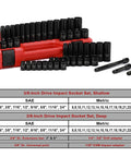 Heavy Duty Three Eighths Inch Drive Impact Socket Set, Forty Nine Piece SAE And Metric, on red case with extensions