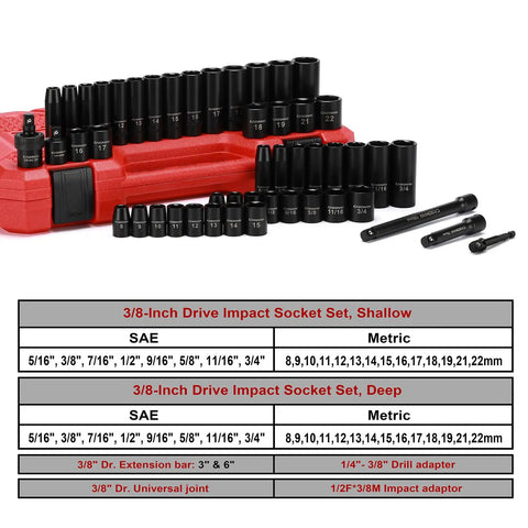 Heavy Duty Three Eighths Inch Drive Impact Socket Set, Forty Nine Piece SAE And Metric, on red case with extensions