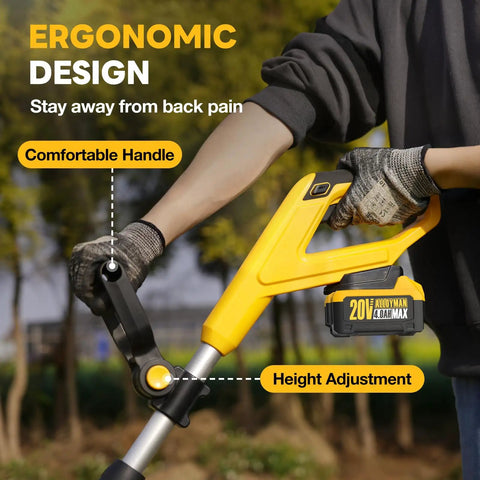 Close-up of ergonomic handle on the 20V Cordless Garden Tiller Rototiller With 360 RPM For Fast Soil Breakup, batteries attached.