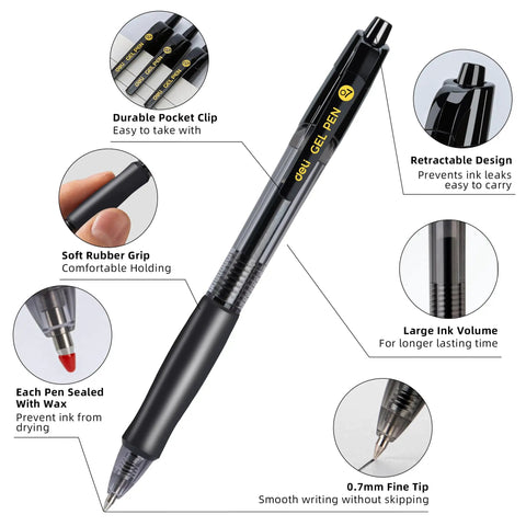 Bulk Gel Pens 0.7mm Retractable Black Ink Set 12 Pens With 6 Refills featuring grip, pocket clip, and retractable design