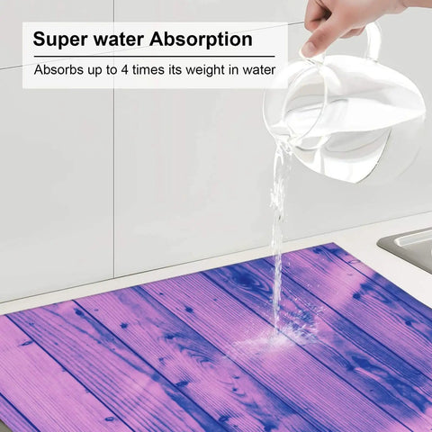 Light Purple Wood Grain Dish Drying Mat For Kitchen Counter, demonstrating super absorbent microfiber surface soaking up water.
