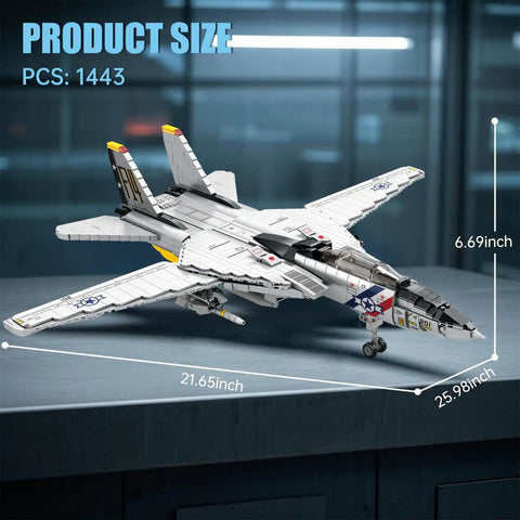 F-14 Fighter Jet Building Set With Movable Wings on display, dimensions and piece count shown, collectible toy for enthusiasts.