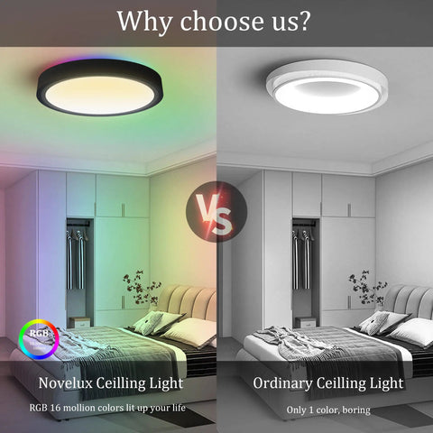 Comparison of Novolux vs ordinary ceiling lights showing 12 Inch WiFi Smart LED Ceiling Light Dimmable 2700K To 6500K And RGB Mood Lighting