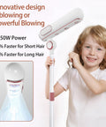 Child using Hands Free High Speed Hair Dryer With Floor Stand 110000 RPM Brushless Motor Ionic Negative Ion Tech Ultra Quiet Three Air Outlets Remote Control Low Noise Fast Dry For Home Salon.
